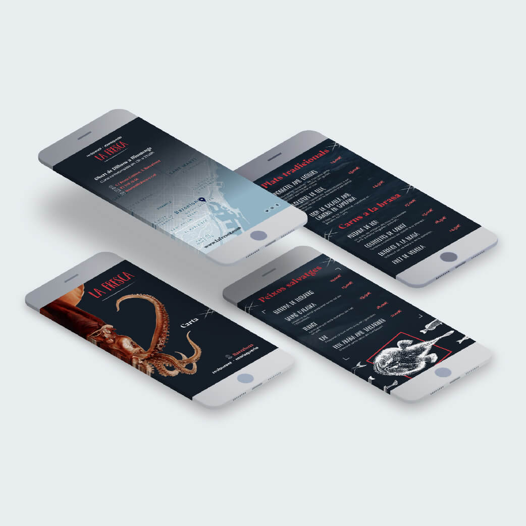 Layout of 4 phones with a digital menu on display